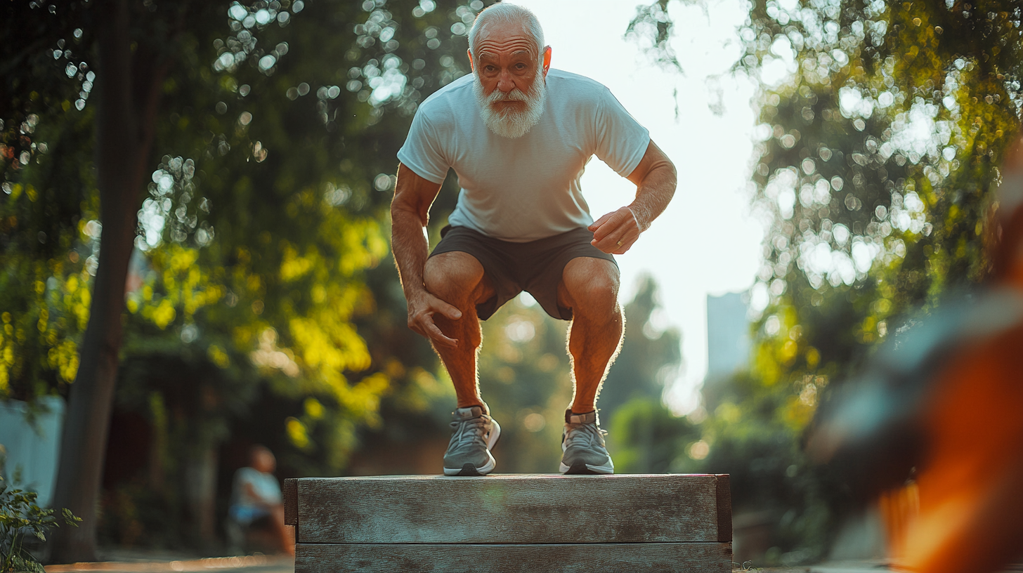 Група активних людей старшого віку займаються фітнесом на природі в парку