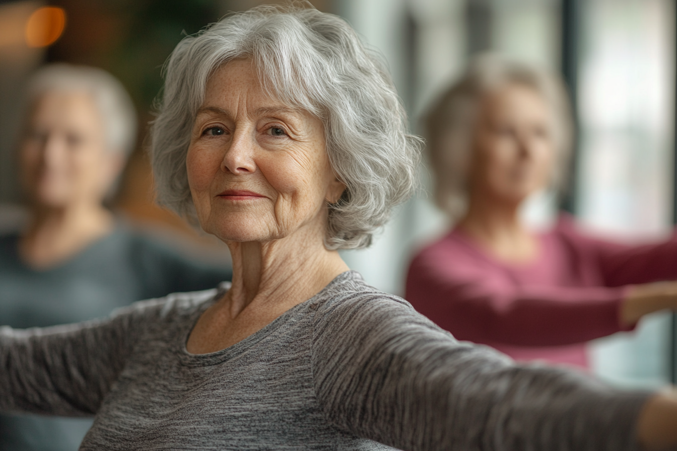 Професійні інструктори проводять заняття з йоги та фітнесу для людей старшого віку в природному парковому середовищі